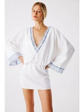 My Beachy Side Mirage Beaded Crochet Tunic Cover Up Ivory Womens Size Large